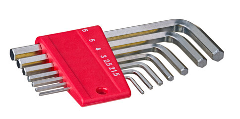 Metal Allen wrench toolkit in plastic holder isolated on a white background. Closeup of hex key set...