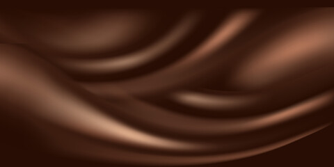 Chocolate wavy swirl background. Milk chocolate, dark brown color flow, smooth satin texture, twisted pattern. Abstract vector illustration