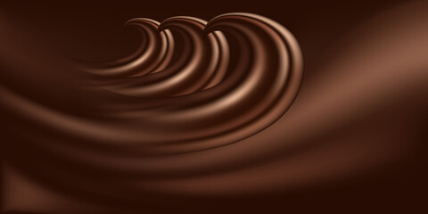 Chocolate background with wave swirls. Milk creamy chocolate, dark brown color flow. Smooth satin texture pattern. Decorative background design for modern banner. Vector illustration