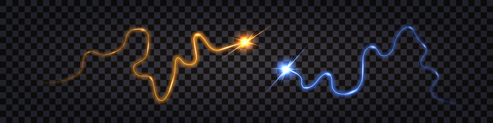 Blue vs yellow elecgric thunder bolt. Impulse discharge with shock light glow effect. Wave swirl cable, shiny trail , isolated on dark transparent background. Vector illustration