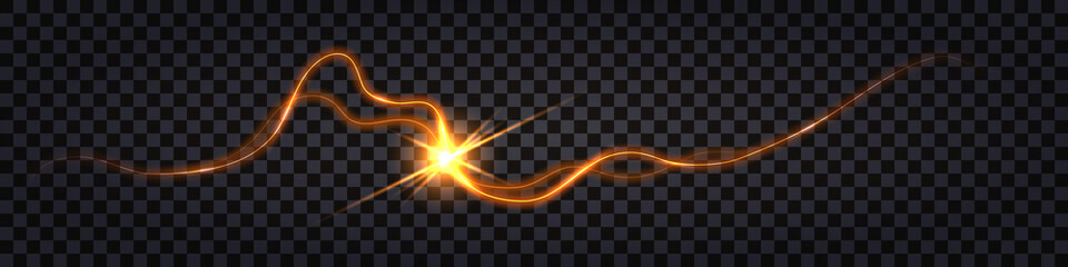 Lightning thunder bolt, electric discharge shock effect. Yellow glowing crack, flash light explosion. Luminous electricity strike collision. Vector illustration, isolated on transparent background © Amarylle