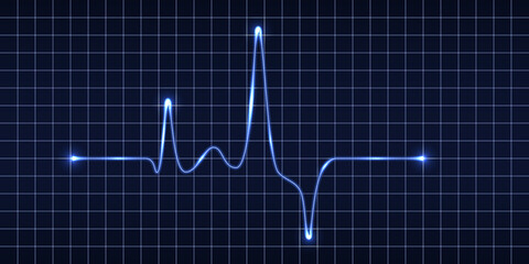 Heart beat pulse monitor, blue electric wave signal, oscilloscope graph. Electrocardiogram line graph with light glow effect. Technology vVector illustration