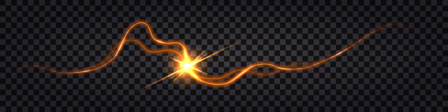 Lightning thunder bolt, electric discharge shock effect. Yellow glowing crack, flash light explosion. Luminous electricity strike collision. Vector illustration, isolated on transparent background