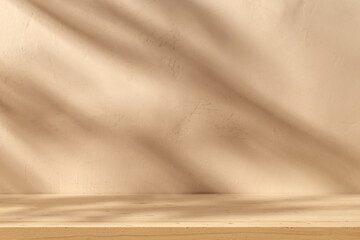 Wooden table mockup on stucco background with branch shadows on the wall. Mock up for branding products, presentation and health care..