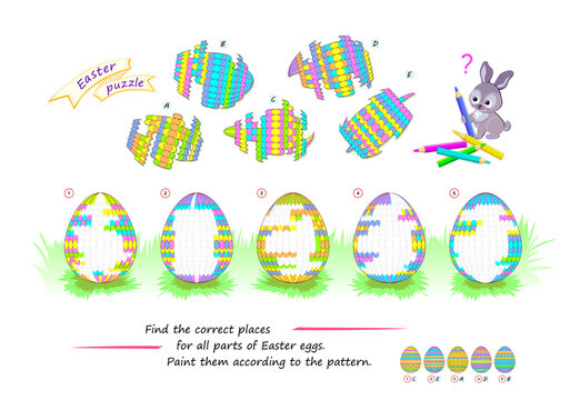 Logic puzzle game for children and adults. Find the correct places for all parts of Easter eggs. Paint them according to the pattern. Coloring book. Page for kids brain teaser book. Spatial thinking.