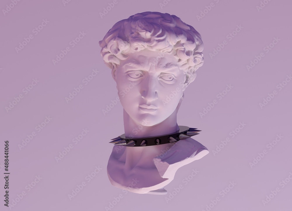Poster 3d illustration of a gypsum statue wearing collar with spikes. surreal pop art style image.