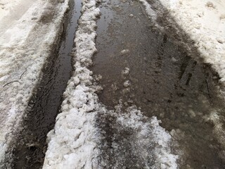 melted dirty snow on city streets photo in the daytime.