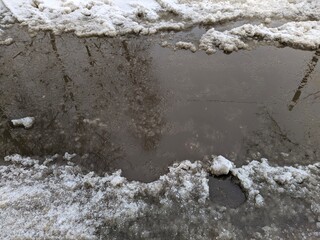 melted dirty snow on city streets photo in the daytime.