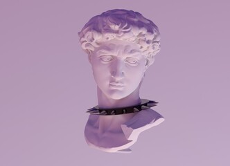 3D illustration of a gypsum statue wearing collar with spikes. Surreal pop art style image.