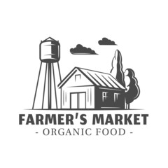 Obraz premium Farm market label isolated on white background. Village and landscape agriculture emblem. Vector illustration