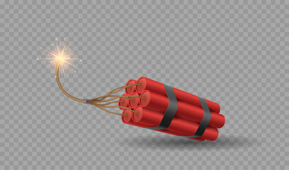 Realistic tnt dynamite sticks with burning fuse. Explosive military weapon firecrackers with wick - obrazy, fototapety, plakaty
