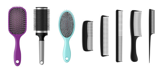 Hairbrushes and combs realistic set. Isolated hair brushes, barber and hairdresser tools - obrazy, fototapety, plakaty