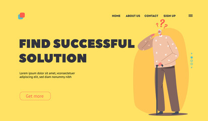 Obraz premium Find Successful Solution Landing Page Template. Confused Pensive Old Male Character with Question. Forgetful Senior Man