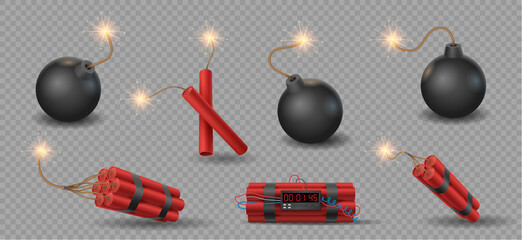 Realistic 3d bomb, tnt and dynamite sticks with burning fuse. Explosive weapon or firecrackers - obrazy, fototapety, plakaty