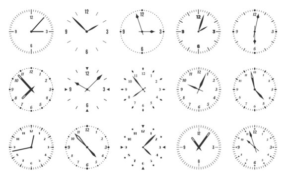 Dial clock face watch time circle black line set. Simple concept management office modern wall wrist clock classic bezel arabic numeral minute second hand measure template deadline isolated on white