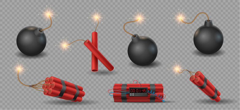 Realistic 3d Bomb, Tnt And Dynamite Sticks With Burning Fuse. Explosive Weapon Or Firecrackers
