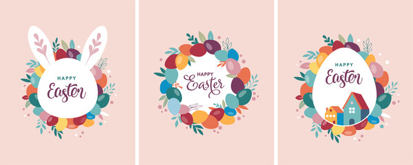 Naklejka premium Happy Easter banner, poster, greeting card. Trendy Easter design with typography, bunnies, flowers, eggs, bunny ears, in pastel colors. Modern minimal style