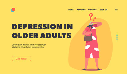 Depression in Older Adults Landing Page Template. Senility, Memory Loss Concept. Senior Mature Woman with Brain Disease