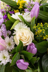Closeup flowers background - blank greeting card or invitation with rose flowers, tulips and lily in pink and purple colors