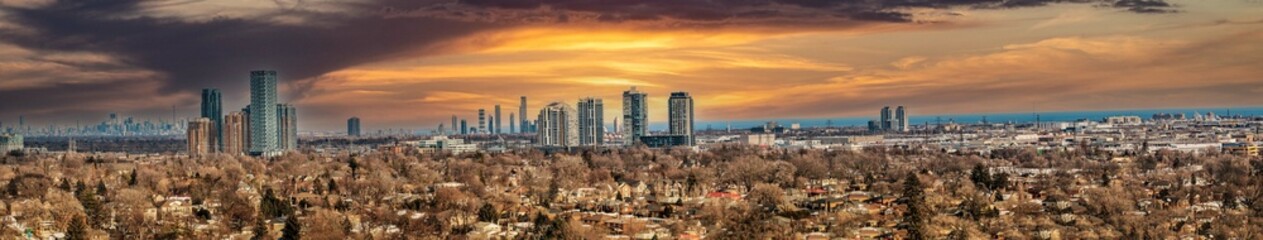 Fototapeta premium Toronto cityscape drone panorama from south Etobicoke looking at condos and homes 