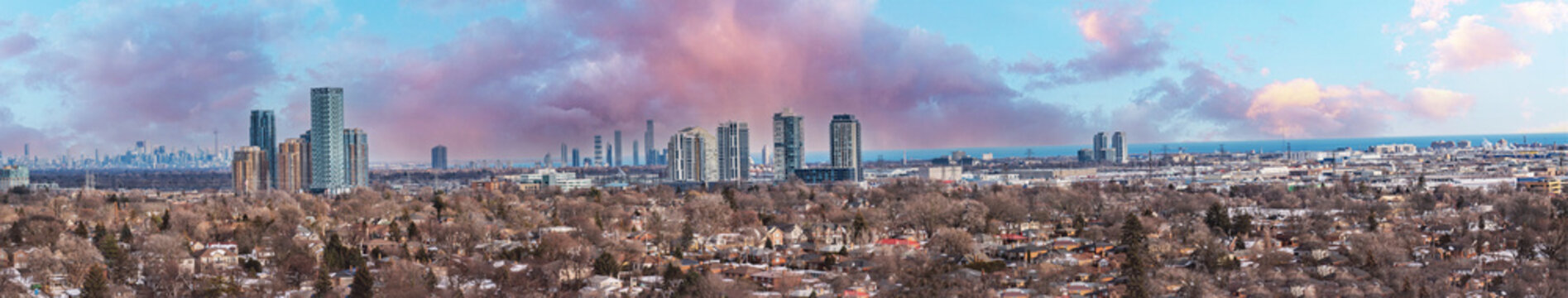 Toronto cityscape drone panorama from south Etobicoke looking at condos and homes 