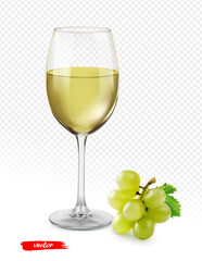 Fototapeta premium The glass of wine and grape isolated on transparent background. Realistic vector illustration.