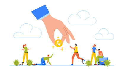 Business Characters with Virus Chain on Legs Begging Money from Huge Hand with Coin, Economic Impact, Market Collapse