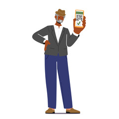Aged African Male Character Show Qr Code of Covid-19 Vaccination Certificate on Smartphone Screen, Vaccine Passport