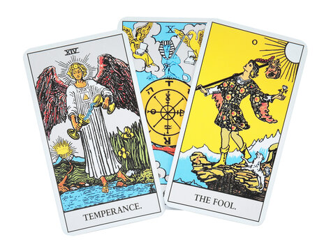 Tarot cards on white background, top view