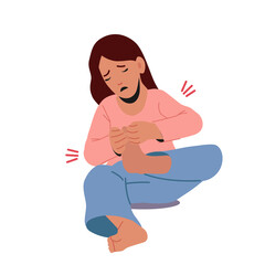 Little Girl Sit on Floor with Hurt Foot. Sick Kid Suffering of Ache in Leg Isolated on White Background. Child Feel Pain