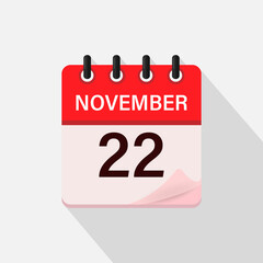 November 22, Calendar icon with shadow. Day, month. Flat vector illustration.