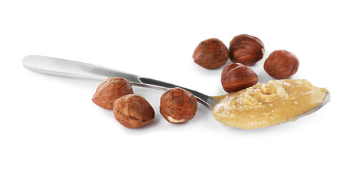 Spoon with tasty hazelnut butter isolated on white