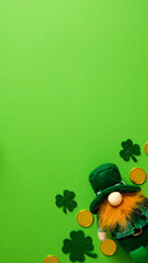 St Patricks Day vertical banner design. Flat lay leprechaun with shamrock clover leaves and gold...