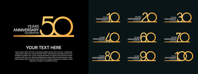set anniversary logotype premium collection golden color line style isolated on black background - obrazy, fototapety, plakaty