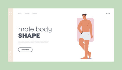 Male Body Shape Landing Page Template. Male Character Figure Types, Man with Rectangle Body Shape Stand with Arm Akimbo