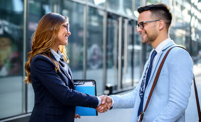 We are successful team. Business people shaking hands in front of the corporation. Business,...