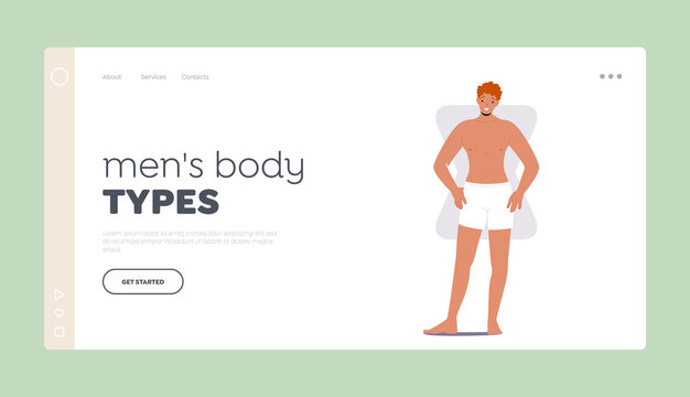 Men Body Types Landing Page Template. Man with Hourglass Body Shape, Male Character Figure Type with Wide Shoulders