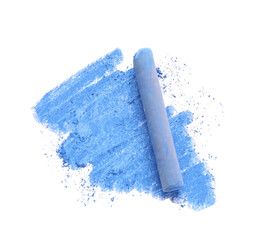 Blue pastel chalk on sheet of paper with scribble, top view. Drawing material - obrazy, fototapety, plakaty