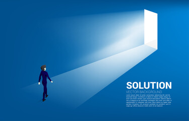 Silhouette of businessman walking to exit door. Concept of career start up and business solution.