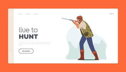 Hunting Landing Page Template. Hunter Male Character Wear Camouflage Aiming with Weapon in Bird or Animal, Man Shoot