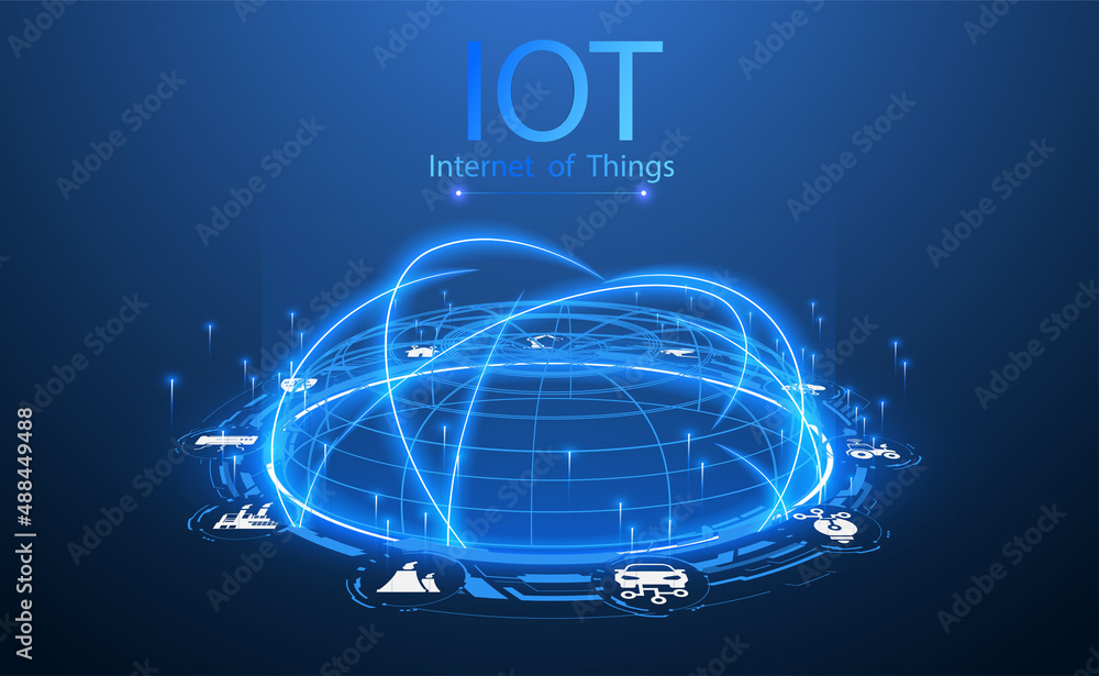 Poster landing page iot. industry, internet of things devices and connectivity concepts on a network. spide