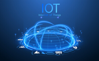 landing page IoT. Industry, Internet of Things devices and connectivity concepts on a network. Spider web of network connections with on a futuristic blue background. Vector illustration