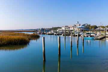 Fototapeta na wymiar Marina View From The Marshwalk, Murrells Inlet, South Carolina, USA