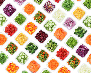 Many containers with different fresh vegetables on white background, top view. Collage