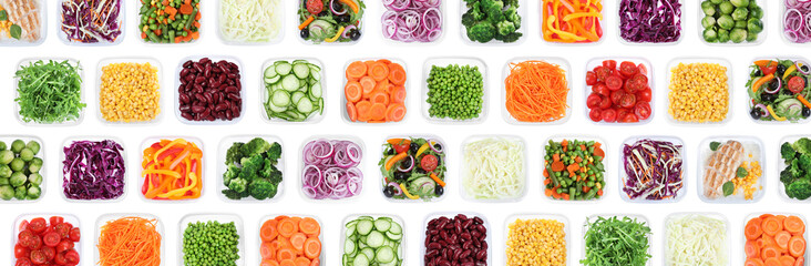 Many containers with different fresh vegetables on white background, top view. Collage