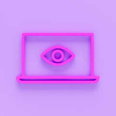 3d render of Laptop and eye icon. Internet surveillance, spyware, computer is watching you concepts. Flat design. 3d render illustration.