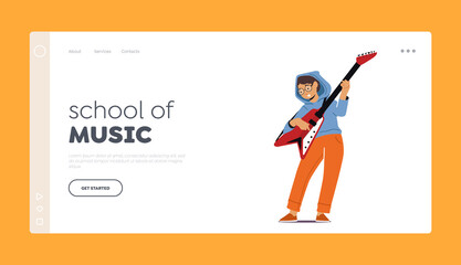 School of Music Landing Page Template. Boy Musician Playing Electric Guitar at Lesson in Musical School or Talent Show