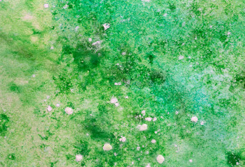 Warm summer grass greeb hand painted textured watercolor background with white gouache spots