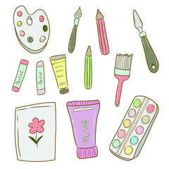 Vector collection of artist tools illustrations. Palette, brush, pencil, paints, watercolor illustrations. 
