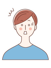 a surprised brown-haired man in blue.